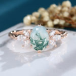 LisaJewelryUS Oval Moss Agate Engagement Ring Rose Gold Bridal Ring