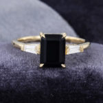 Emerald Cut Black Onyx Three Stones Engagement Ring In Yellow Gold